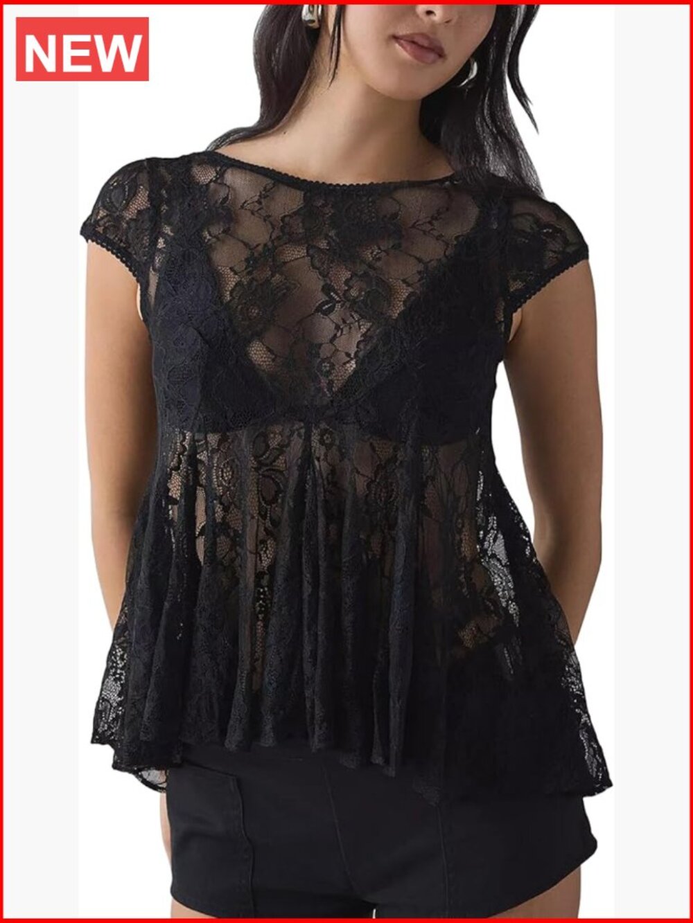 Black Lace Peplum Blouse - Women